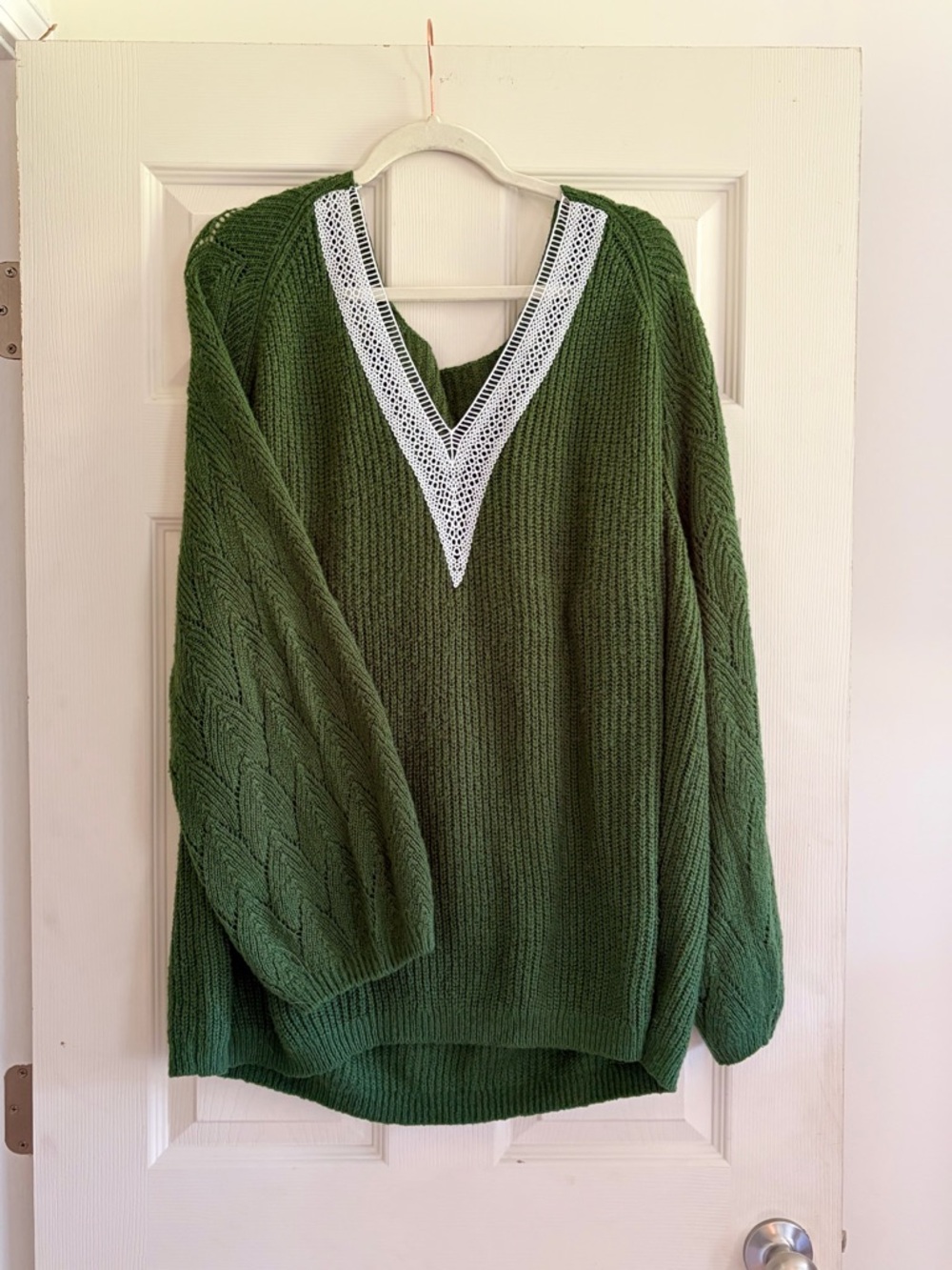 Green Knit Sweater with White V-Neck Crochet Trim